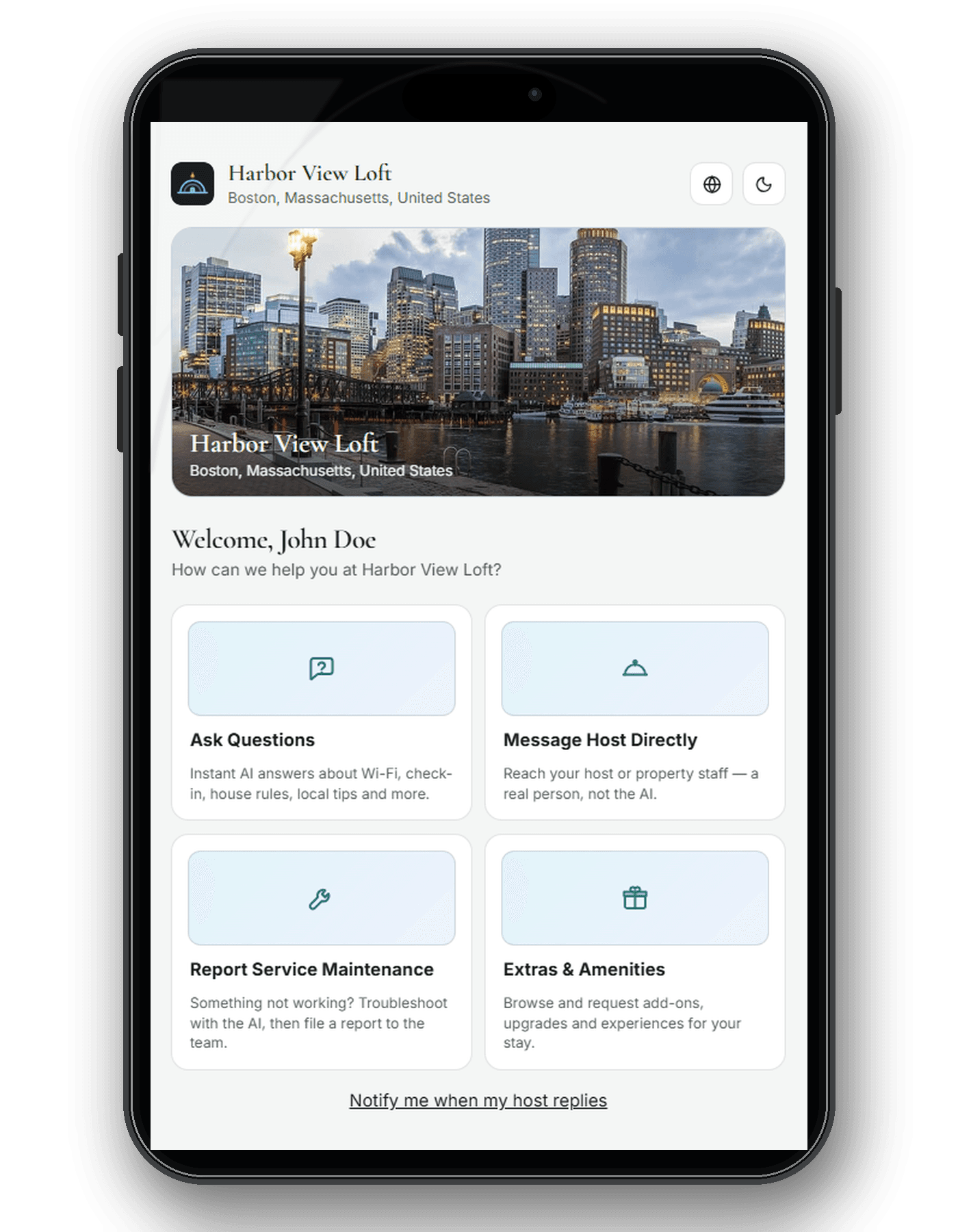 Illustrative Moche-AI light guest portal with choices to ask questions, message a host, request service, and view extras