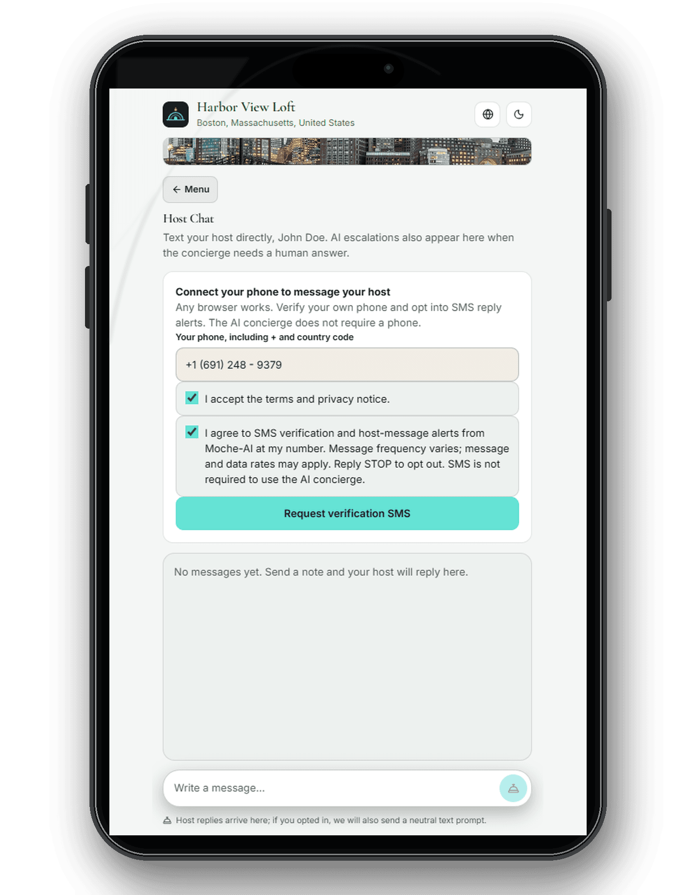 Illustrative Moche-AI guest screen for messaging the host directly