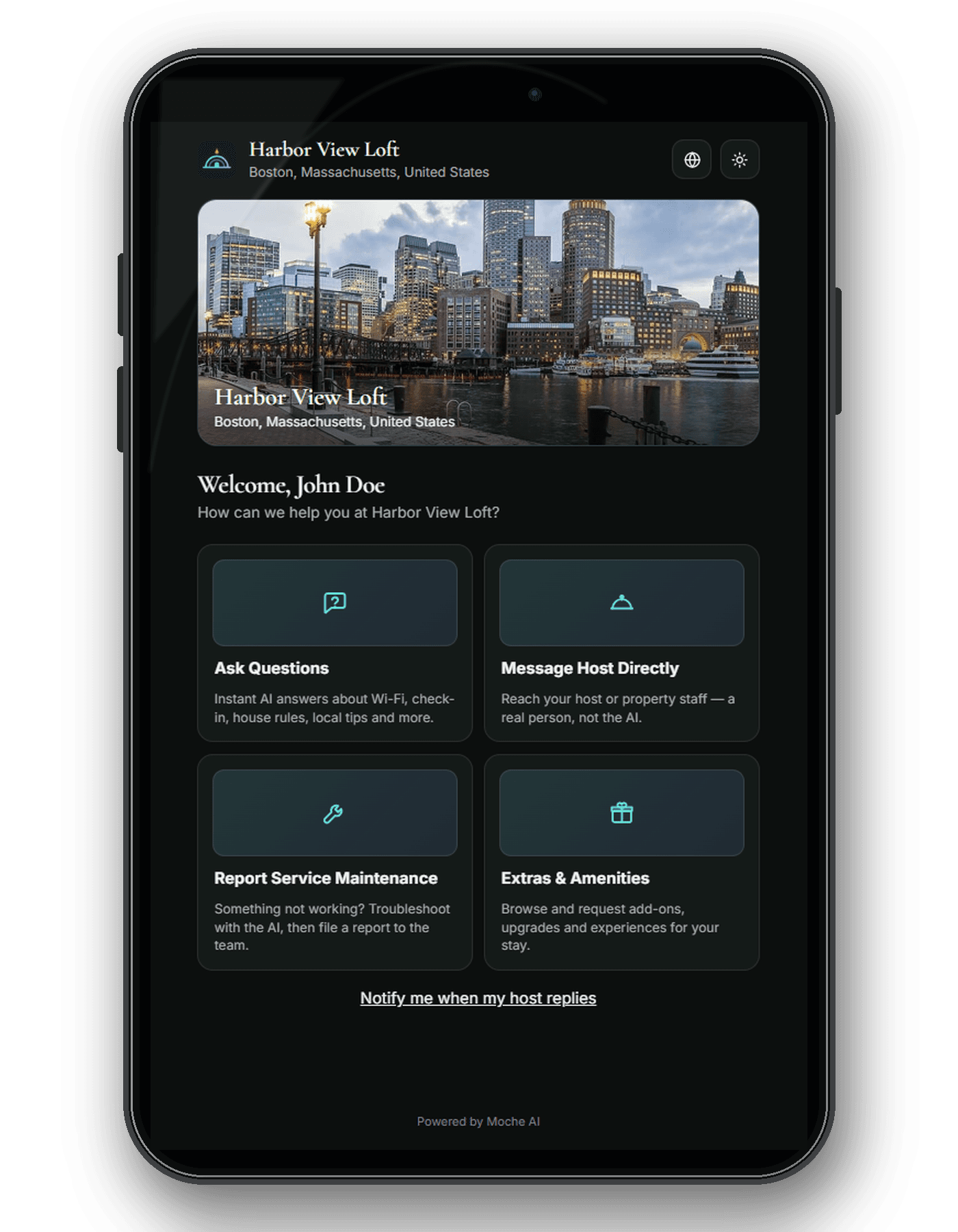 Illustrative Moche-AI guest portal home screen
