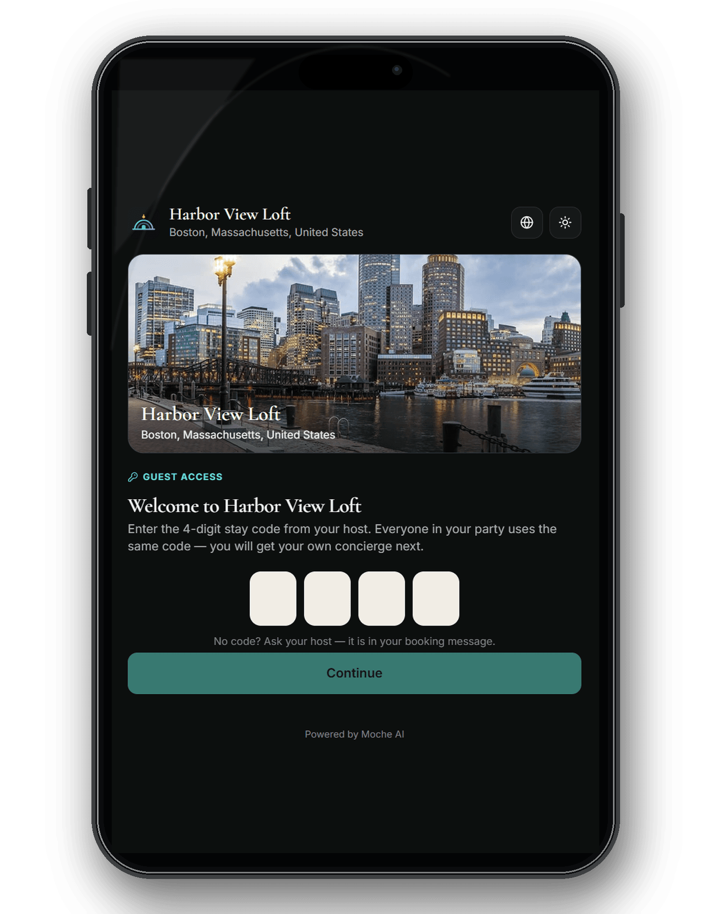 Illustrative Moche-AI guest portal screen for entering a stay code