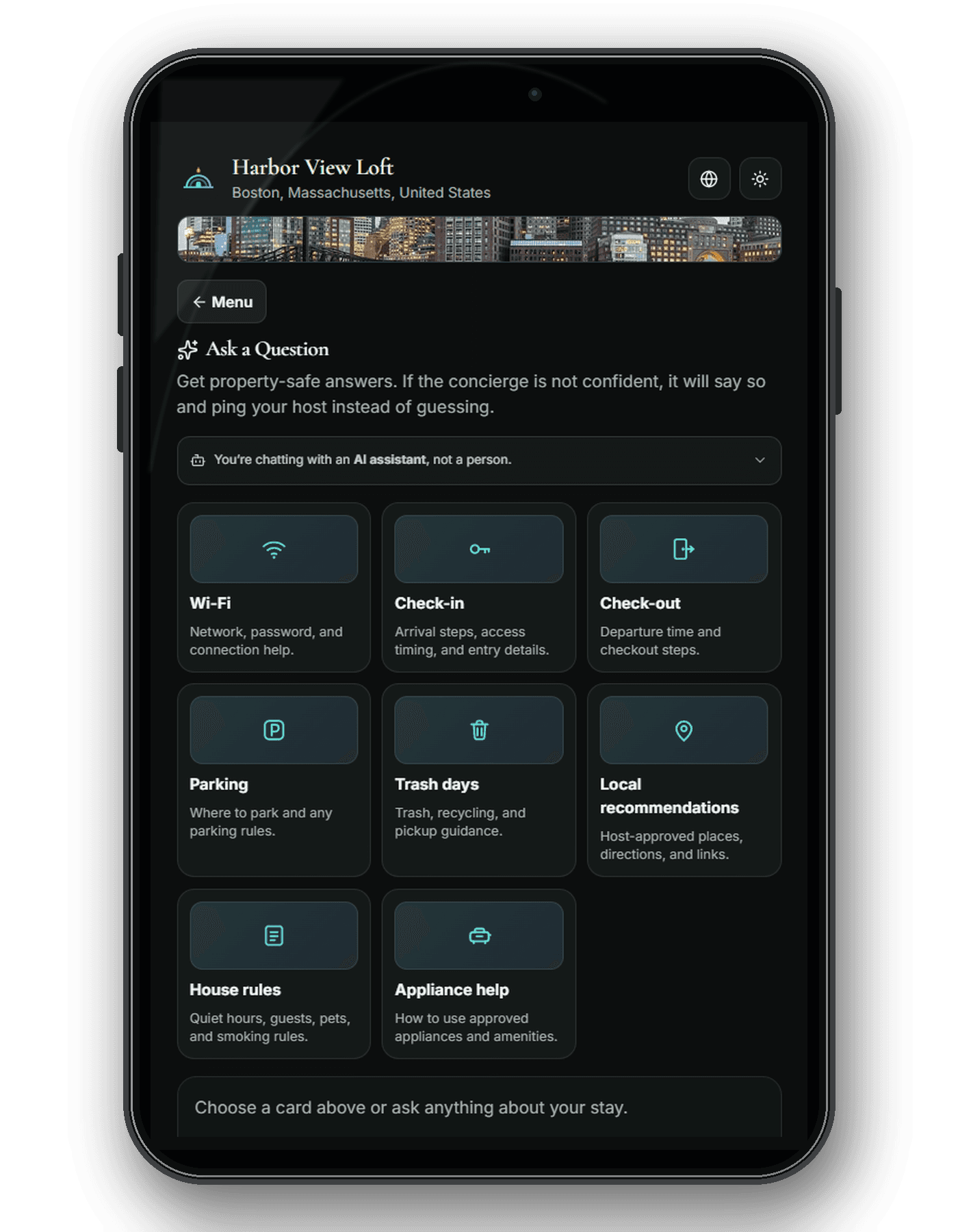 Illustrative Moche-AI Ask a Question interface with Wi-Fi, check-in, parking, local recommendations and house-rule topics