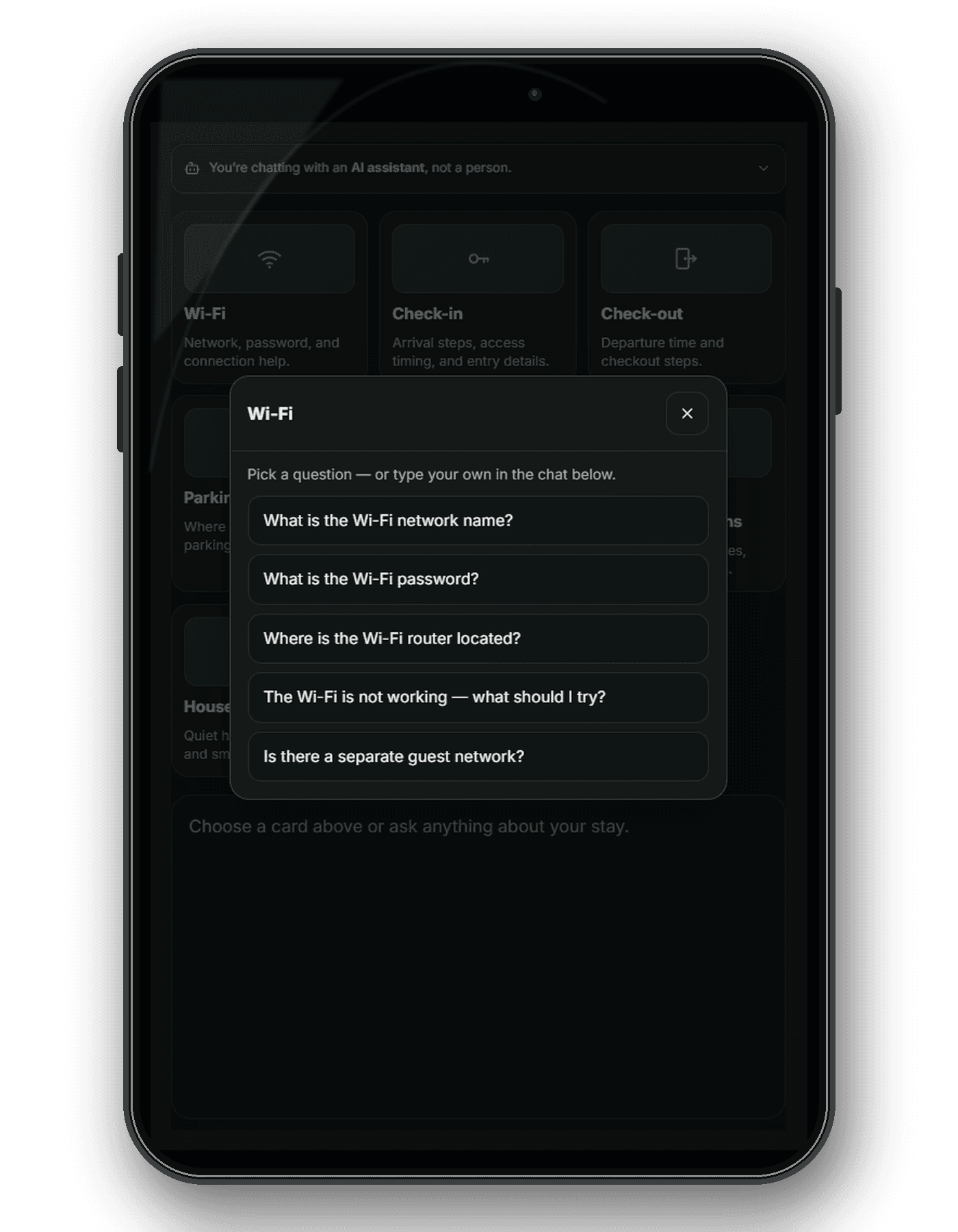 Illustrative Moche-AI guest portal showing suggested Wi-Fi questions and a way to ask a custom question