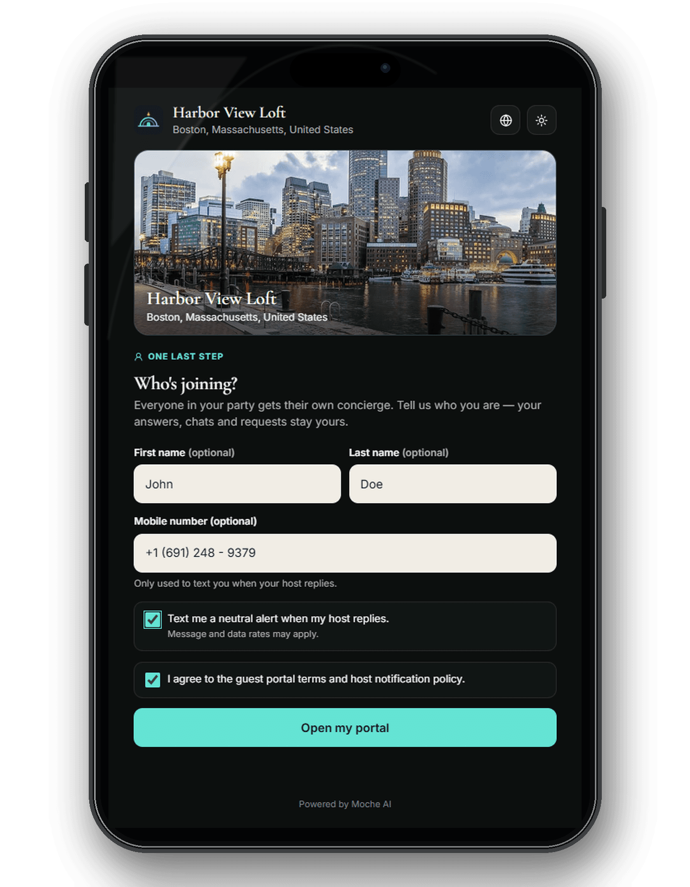 Illustrative guest stay-access screen before entering the portal