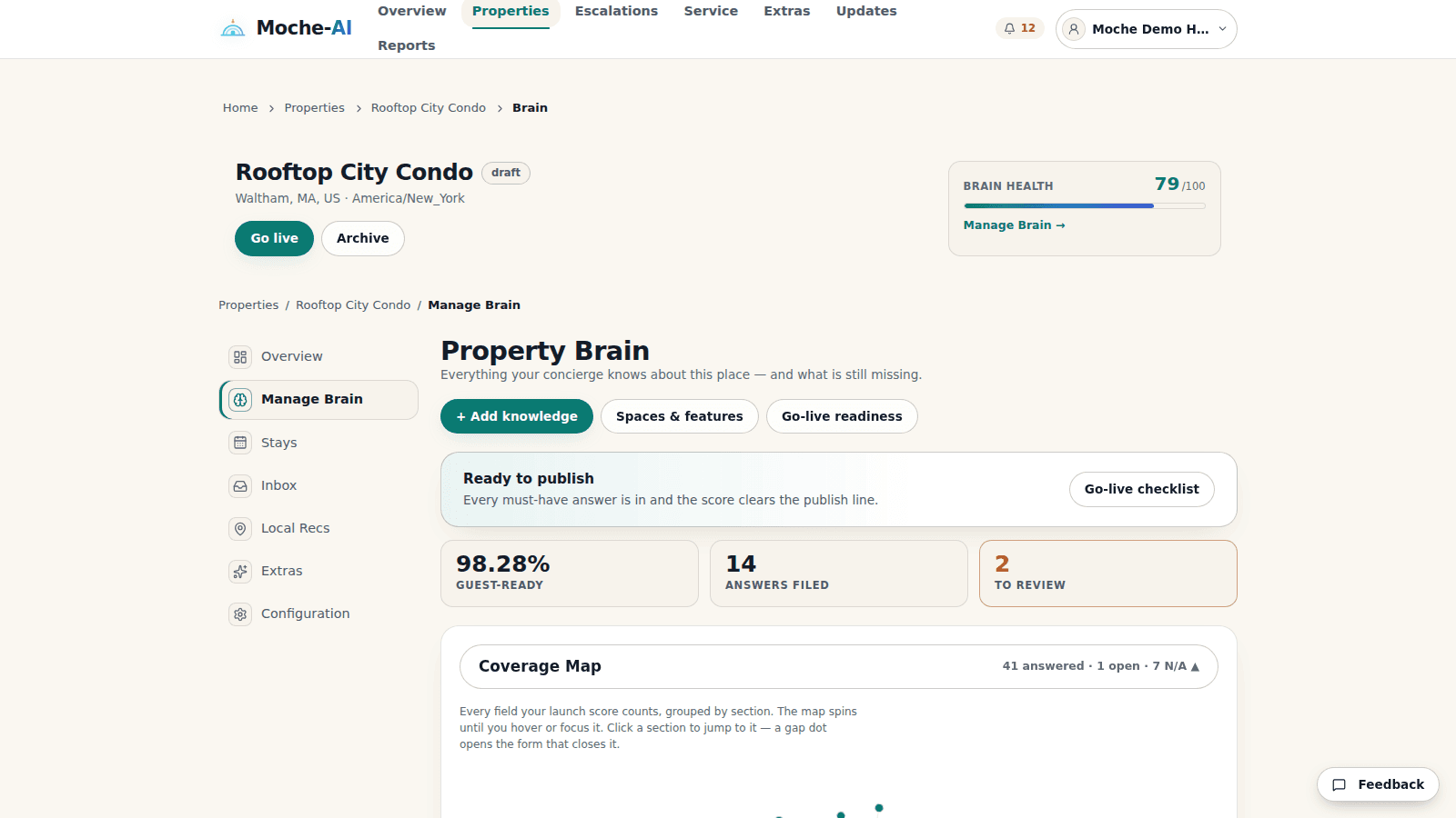 Moche-AI Property Brain showing host-managed property knowledge organized by topic
