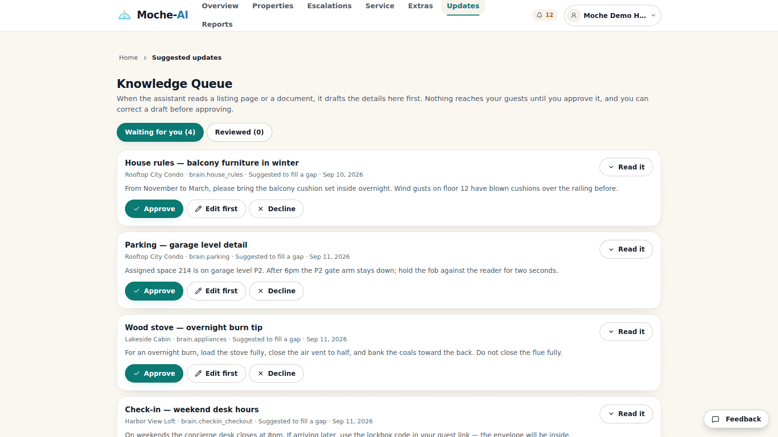 Illustrative host knowledge-update queue with drafts awaiting review