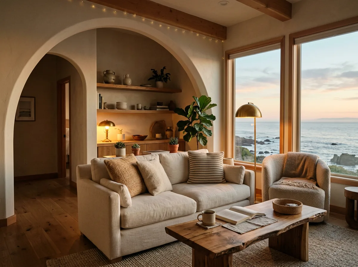 A warm, beautifully styled coastal vacation rental living room at dusk with an arched doorway and ocean view
