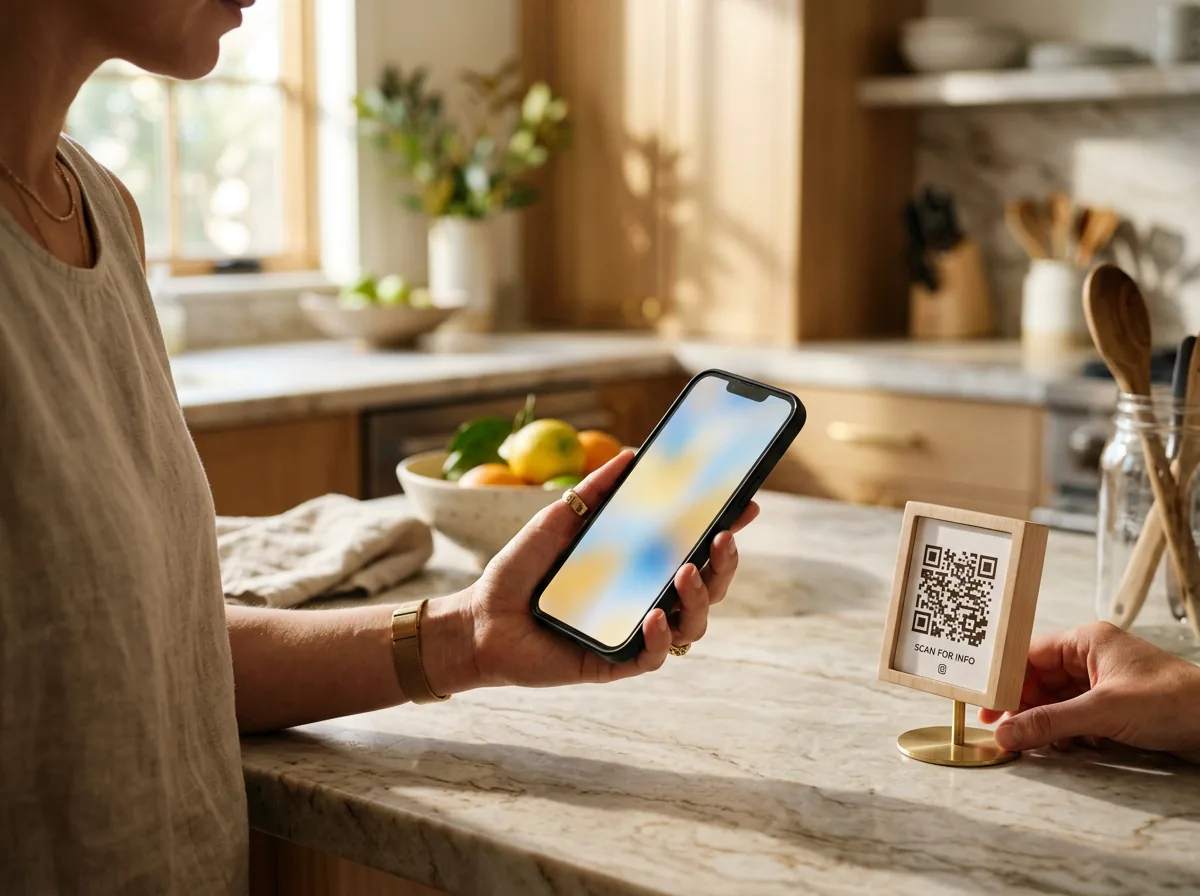 A guest scanning a QR code stand in a sunlit vacation rental kitchen to open their property portal